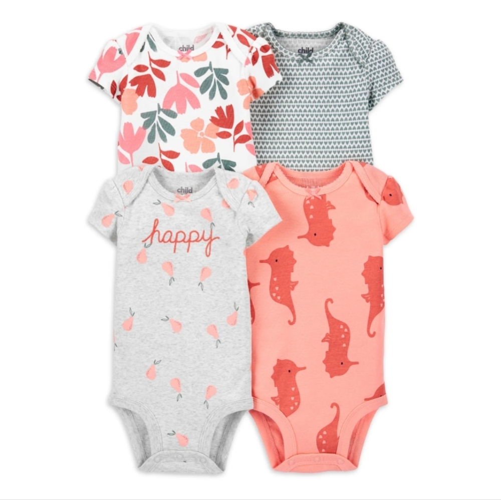 Carter Child Of Mine Baby Girls' One Piece Bodysuit Set - Pink, Green and Coral
